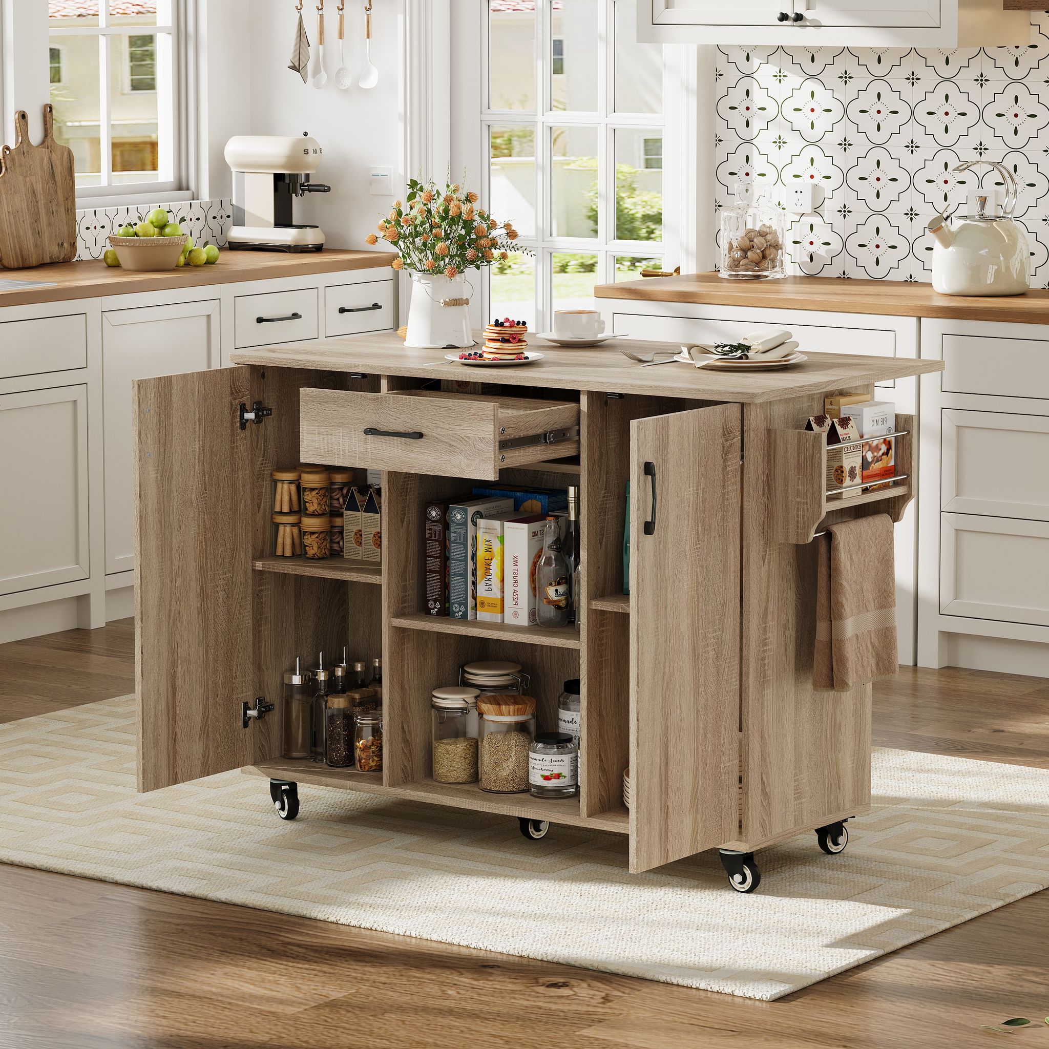 Kitchen Island, Küchenwagen Mit Klappbarer Arbeitsplatte, 120cm Mobile Kücheninsel Auf Rädern, Rollbarer Servierwagen Mit Schublade & Schrank, Sonoma Eiche, 92,9x120x43,5cm