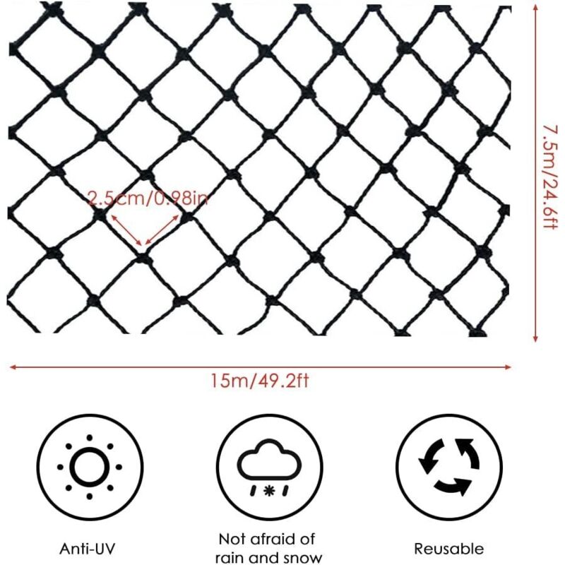 7,5 X 15 M Vogelschutznetz, Gartennetz Für Obstbäume Mit 10 Heringen Und 30 Kabelbindern Für Pflanzen, Bäume, Obst, Gemüse Und Teiche – Schwarz