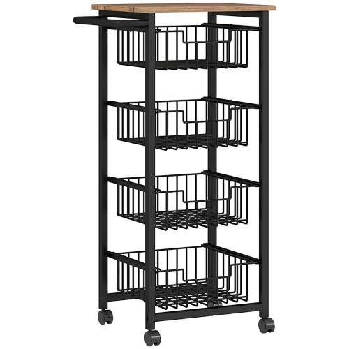Küchenwagen Servierwagen Mit Arbeitsplatte, 4 Ausziehbaren Stahlkörben, Rollwagen Für Büro, 49,5 X 31 X 91 Cm, Eiche on-site