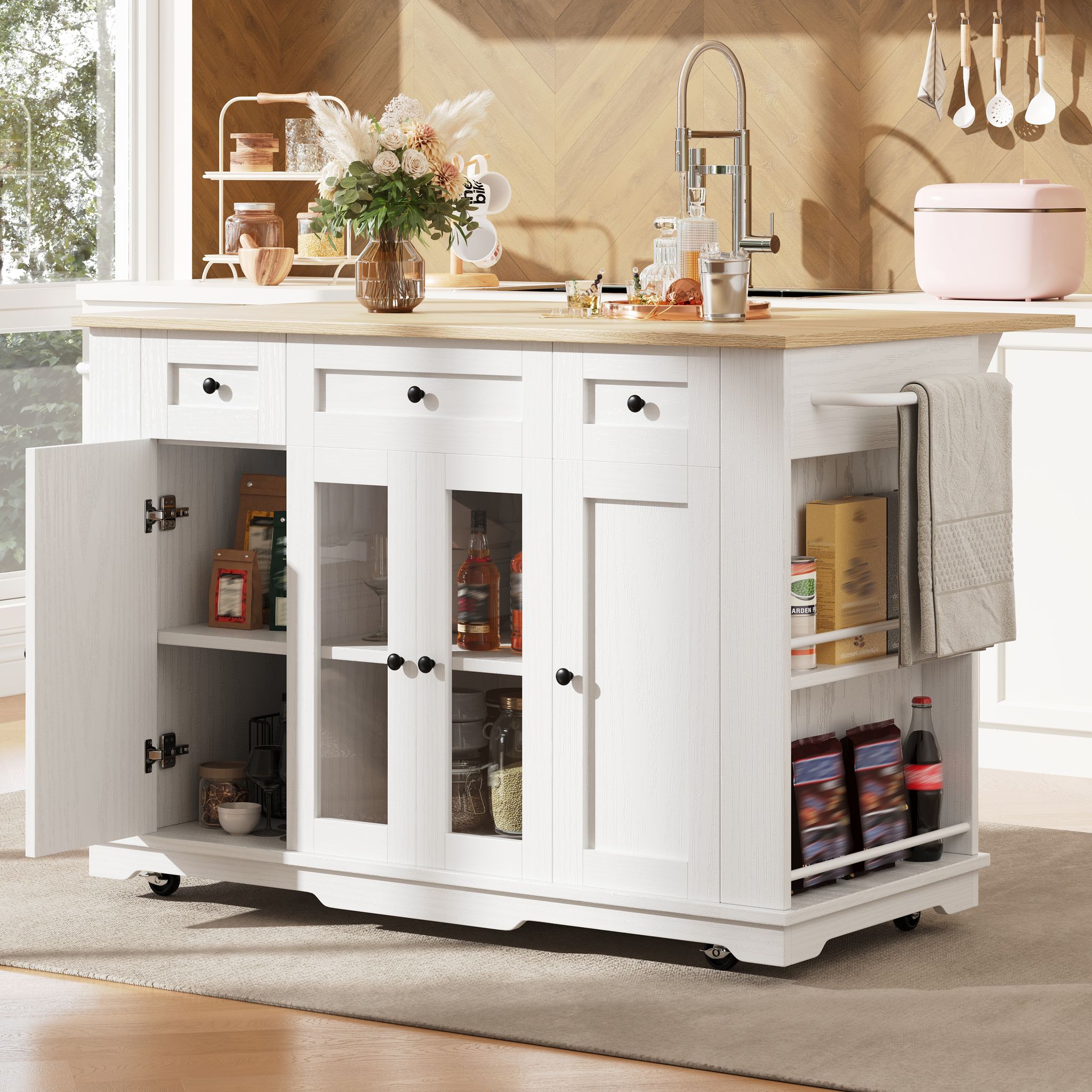 Kücheninsel, Abnehmbare Trennwände, Küchenschrank, Esszimmerwagen Mit Arbeitsplatte, Buffetschrank, Esszimmerwagen Mit Holzmaserung, Buffetschrank, Schrank Aus Gehärtetem Glas, Weiß