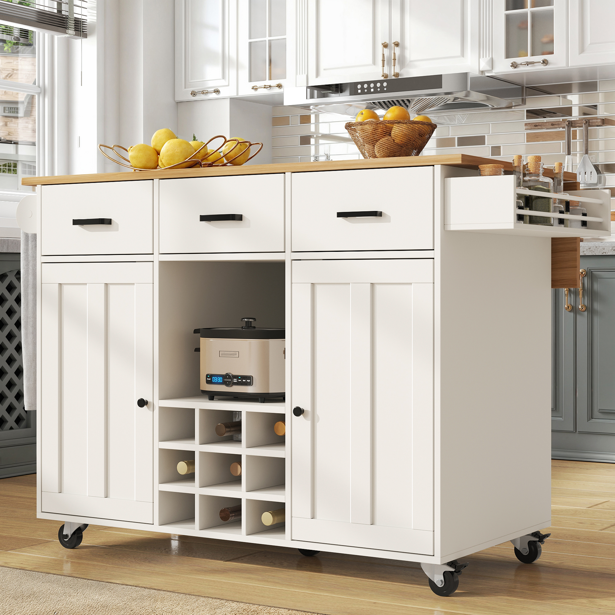 Speisewagen, Küchenwagen, Herausnehmbarer Speisewagen Mit Arbeitsplatte, Handtuchhalter Und Gewürzregal, Verstellbare Trennwände, Buffetschrank, Küchenschränke, Tischplatte Mit Holzmaserung, Weiß