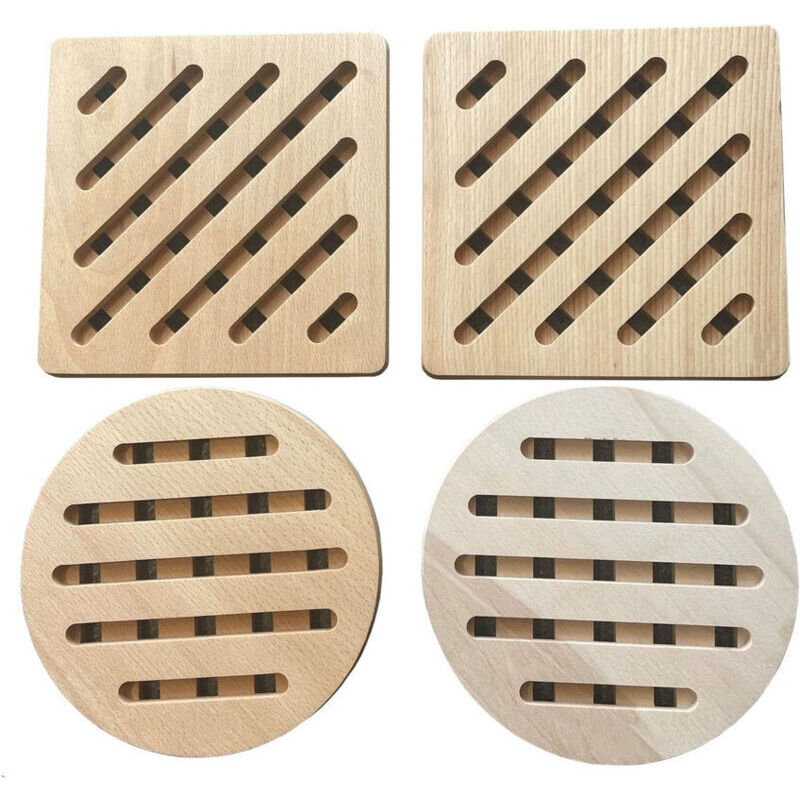 Set Aus Vier Hitzebeständigen Holzmatten Für Küchenarbeitsplatten - Hitzebeständig (quadratisch Und Rund, 19 X 19 Cm) - Rutschfeste Und Hitzebeständige Holzmatten