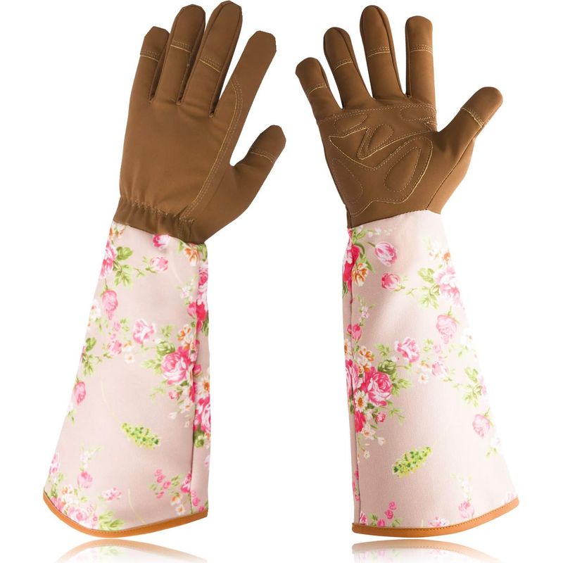 Dornenresistente Gartenhandschuhe Aus Leder Für Damen Mit Floral Bedruckten Bündchen Und Langem Unterarmschutz (kaffee)