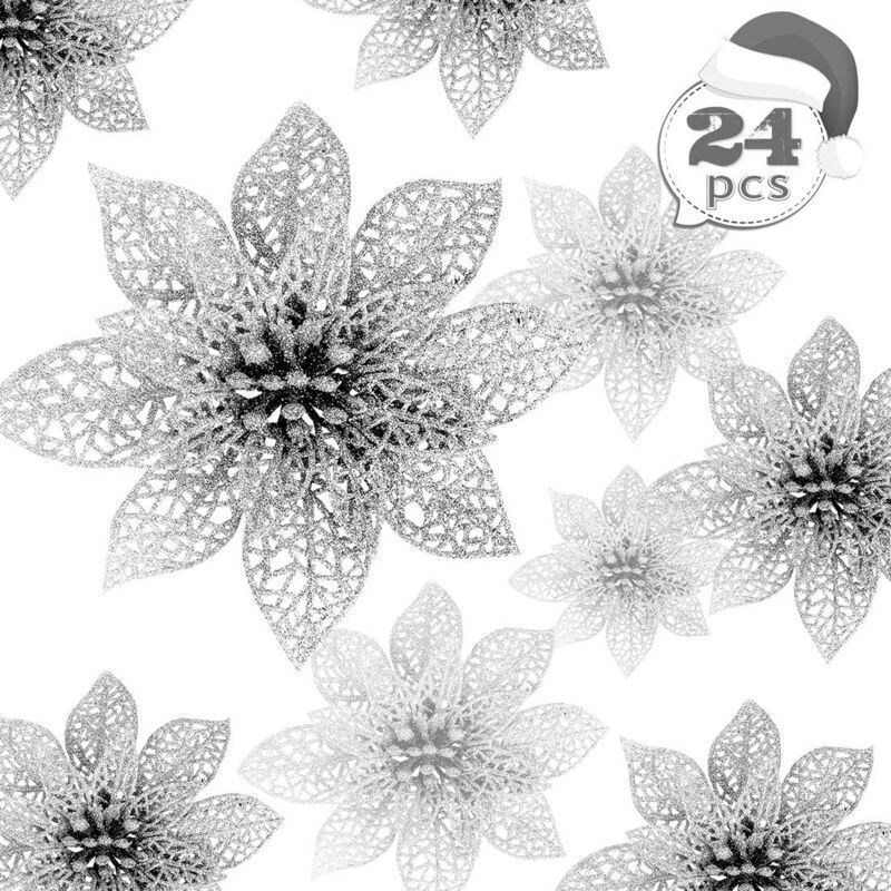 24-teiliges Set Künstlicher, Funkelnder Weihnachtssterne Und Tannenzweige Aus Silber – Ideal Als Kranz- Und Girlandendekoration Für Weihnachten, Hochzeiten, Feiern Und Als Dekoration Für Zuhause.