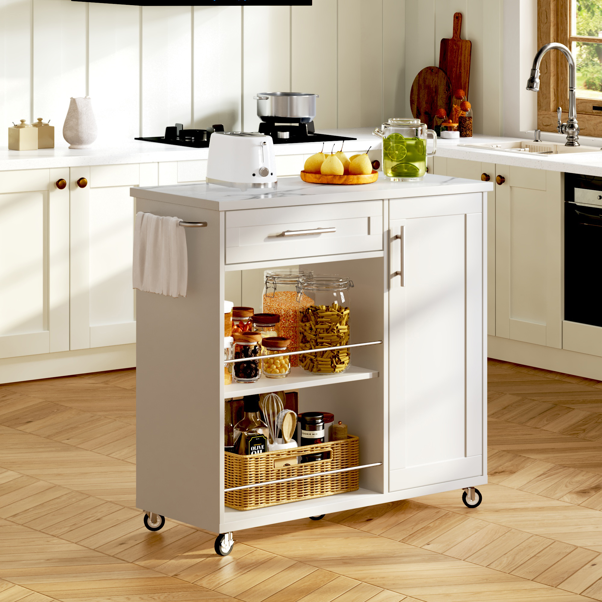 Weißer Küchenwagen Mit Marmor-optik Oberplatte, Rollbarer Küchentrolley Mit Schublade, Schrank & Offenen Regalen, Mobiler Kücheninsel Mit Handtuchhalter & Feststellbaren Rädern, 90x62x90 Cm