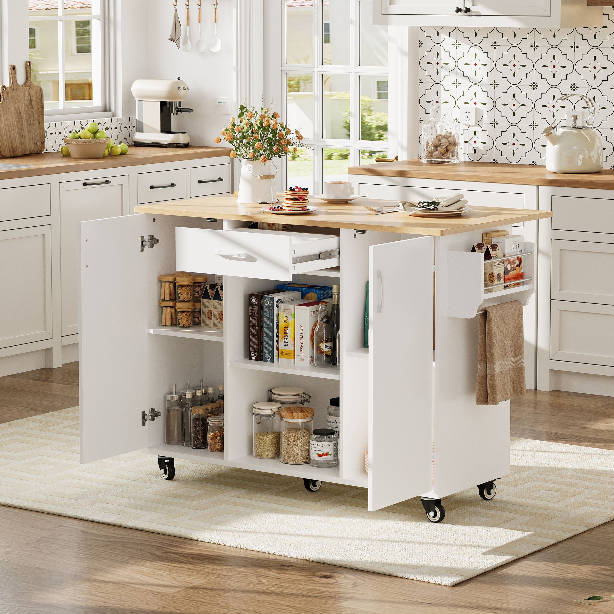 Kitchen Island, Küchenwagen Mit Klappbarer Arbeitsplatte, 120cm Kücheninsel Auf Rädern, Rollbarer Servierwagen Mit Schublade & Schrank, Weiß-eiche, 92,9x120x43,5cm