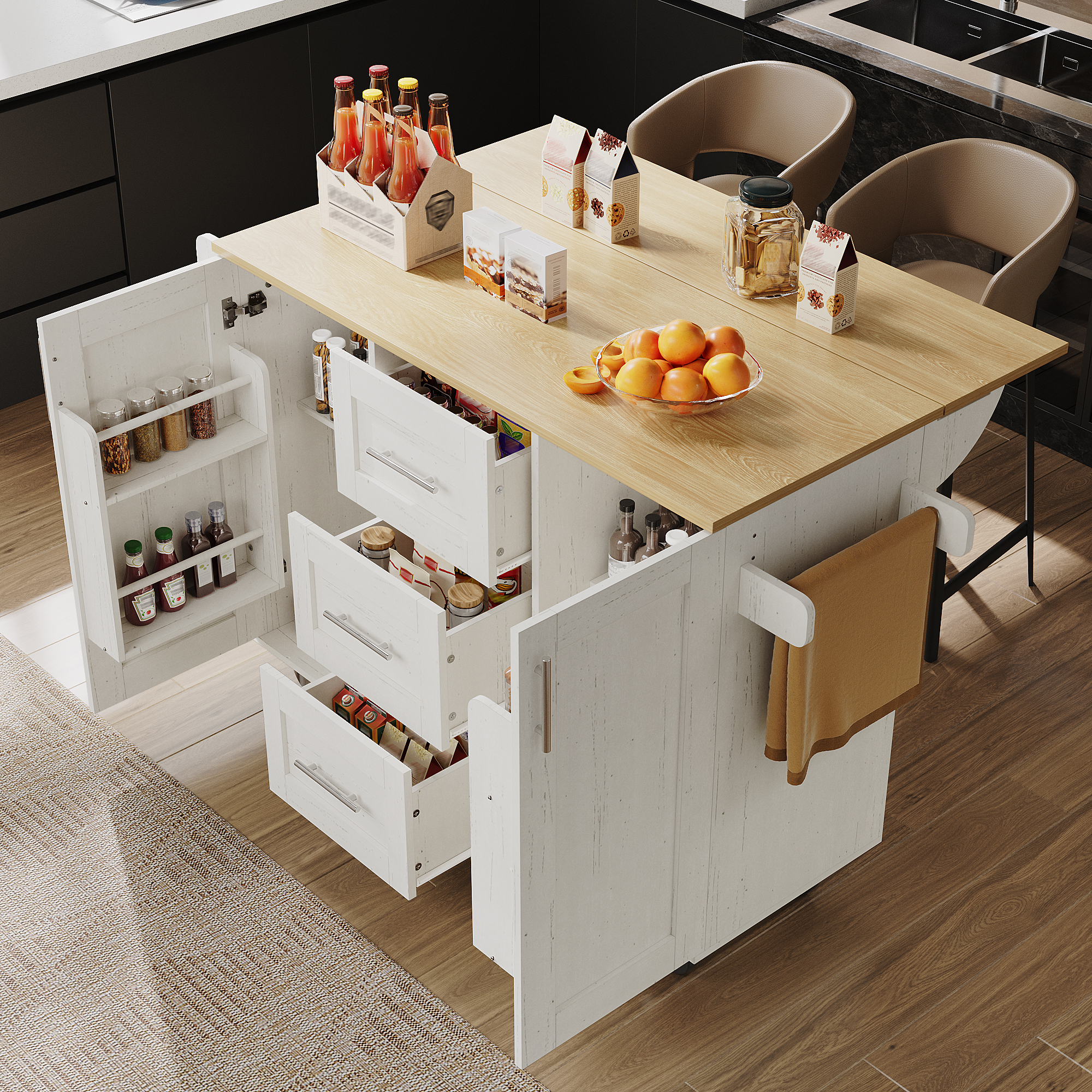 Kücheninsel, Abnehmbare Trennwände, Rollen Abnehmbar Als Küchenschränke, Esszimmerwagen Mit Arbeitsplatte, Buffetschrank, Esszimmerwagen Mit Holzmaserung, Seitlicher Handtuchhalter Mit Rollen, Weiß