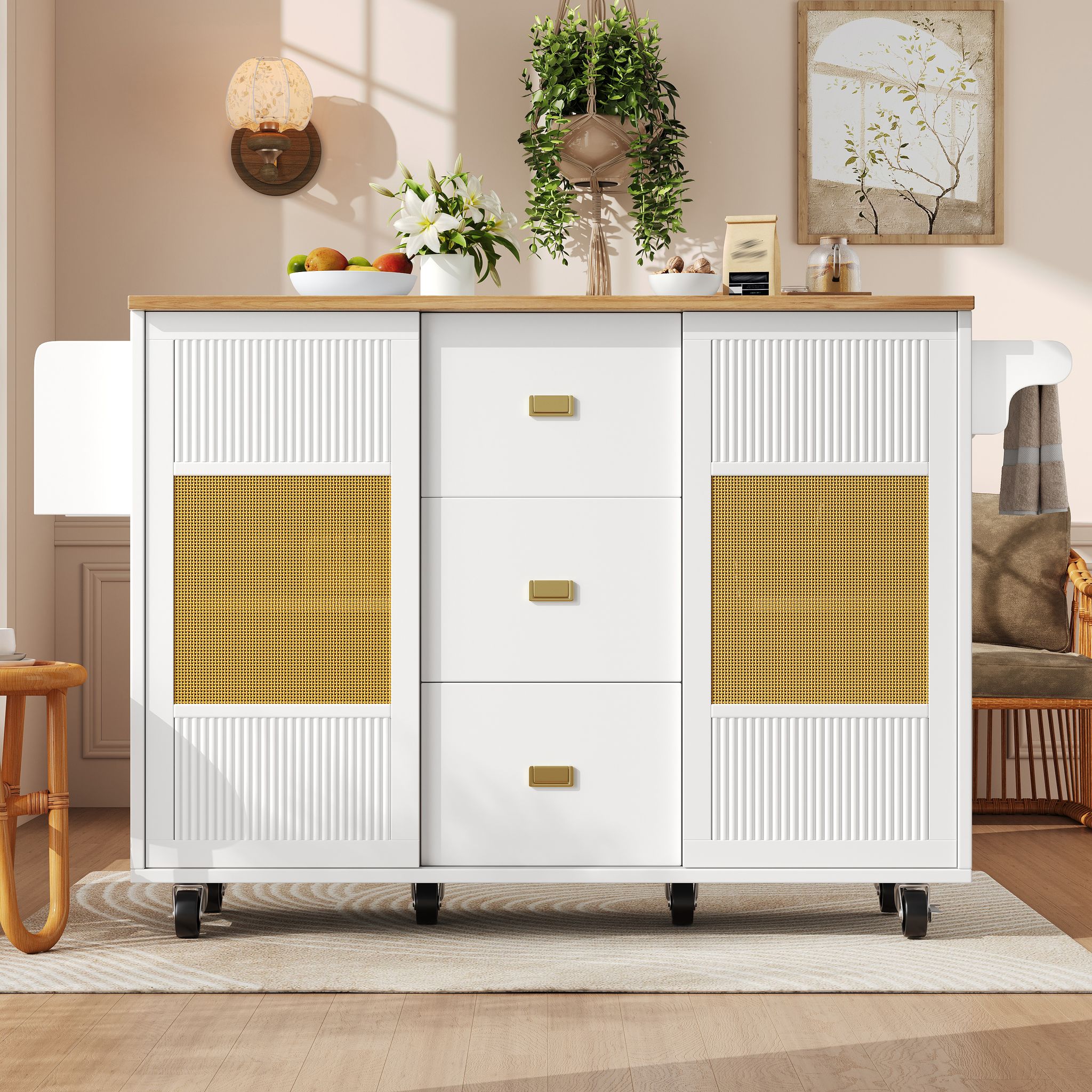 Kücheninsel,küchenmöbe,küchenschrank Kücheninsel Freistehend,buffetschrank,120x73(45)x90cm,ausziehbarer Küchenwagen Mit Rollen, Handtuchhalter, Gewürzregal, Verstellbaren Einlegeböden, Weiß
