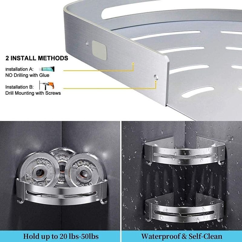 Eckduschablage, Badezimmerregal Ohne Bohren – Mit 2 Haken – Edelstahl/aluminium – Wasserdicht – Für Bad Und Küche – Silber