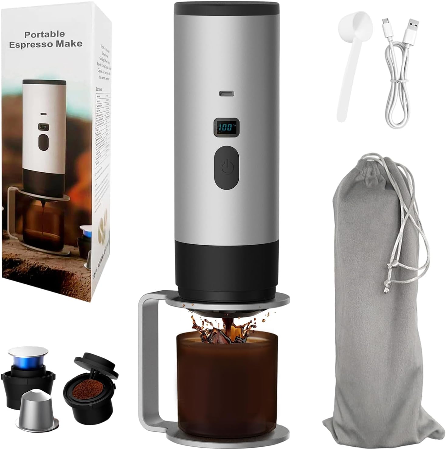 3-in-1 Tragbare Espressomaschine Mit Ständer, Selbstheizende Reisekaffeemaschine, Usb-aufladbar, Mini-espressomaschine Für Gemahlene Kaffeekapseln Für Camping Und Wohnmobile