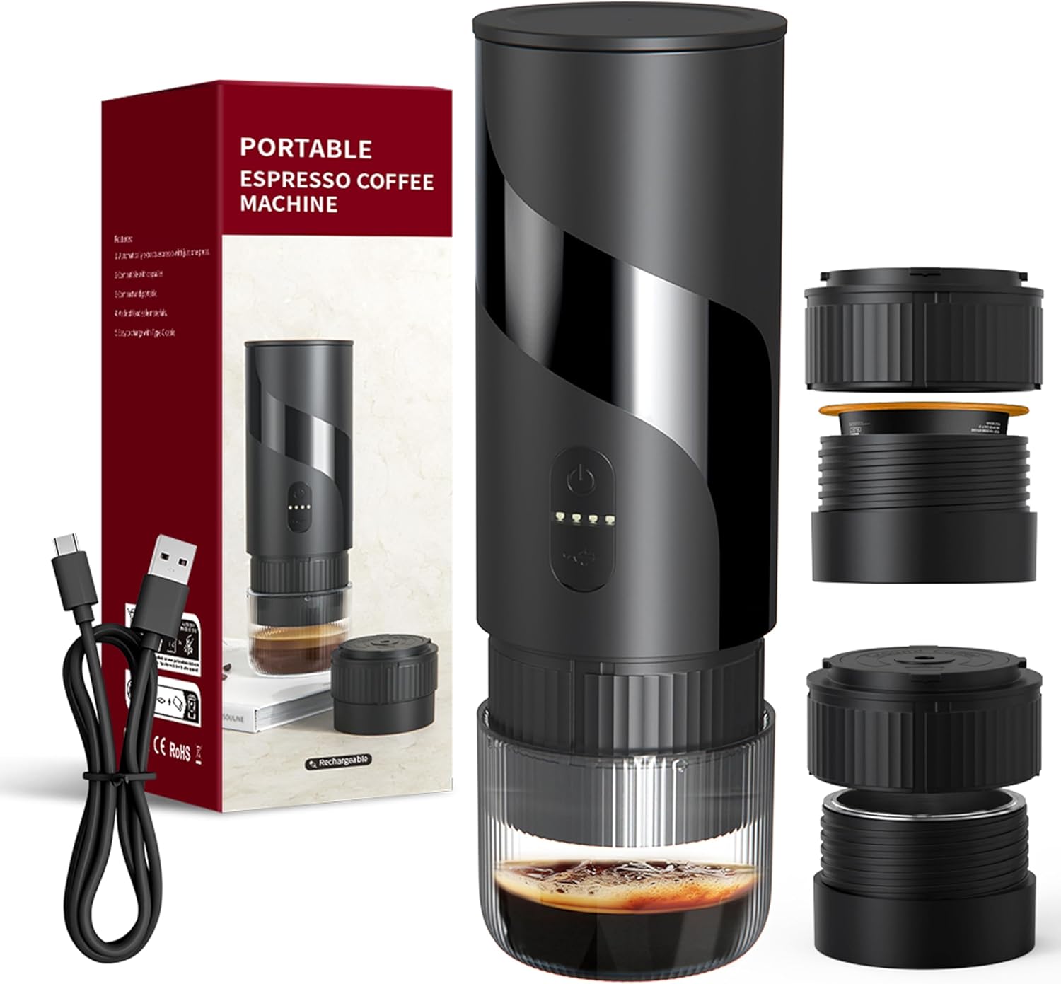 Tragbare, Wiederaufladbare Kaffeemaschine Mit Usb-c-anschluss, 20 Bar Druck, Elektrische Kaffeemaschine Für Camping Und Reisen, 3-in-1-auto-kaffeemaschine, Kompatibel Mit Kaffeepulver Und Kapseln