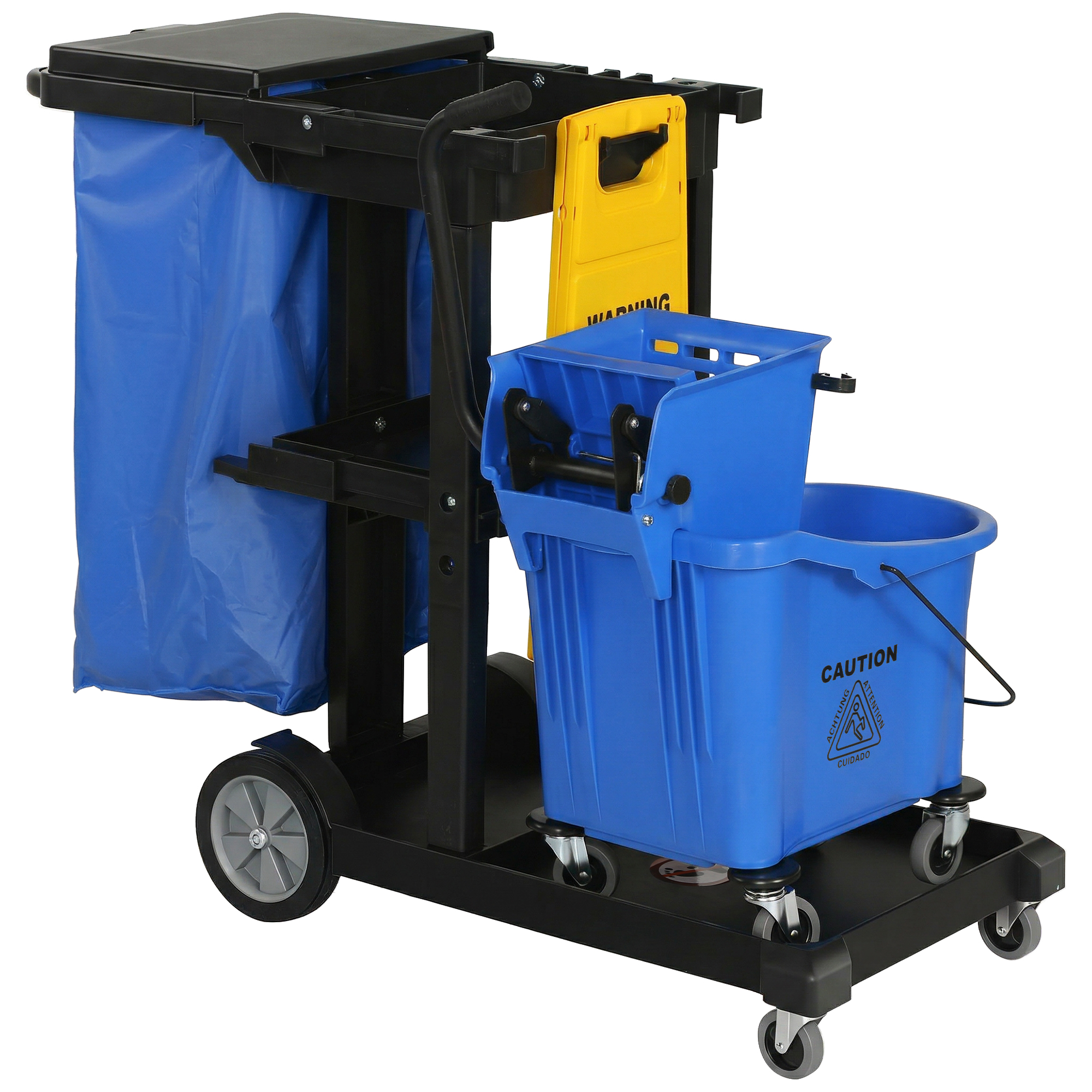 Rollbarer Reinigungswagen, 3 Ablagen, 70-liter-müllsack, Wischmopp-auswringer, Blau
