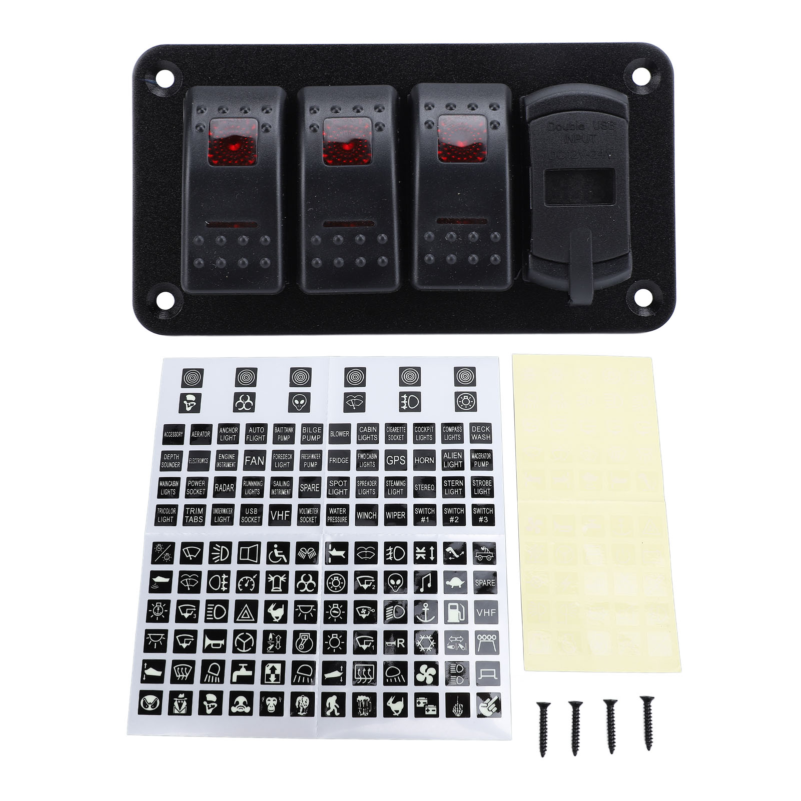 12v/24v 3-fach Aluminium-wippschalterpanel Mit Voltmeter, Zwei Usb-schnellladeanschlüssen, Multifunktional Für Auto, Lkw Und Boot, Rotes Licht