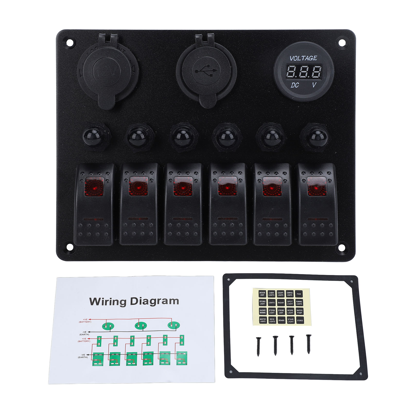 12–24 V Dc 6-fach Wippschalterfeld, Überlastschutz, Dual-usb-ladegerät Mit Digitaler Voltmeteranzeige Für Boote, Yachten, Autos, Wohnmobile, Suvs, Rotes Licht