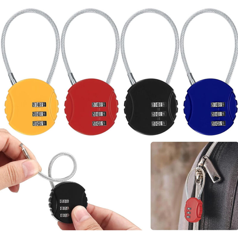 [neuwertig]4-teiliges Zahlenschloss, Kleines Kabelschloss, 3-stelliger, Zurücksetzbarer Code Für Gepäck, Reisetasche, Schließfach