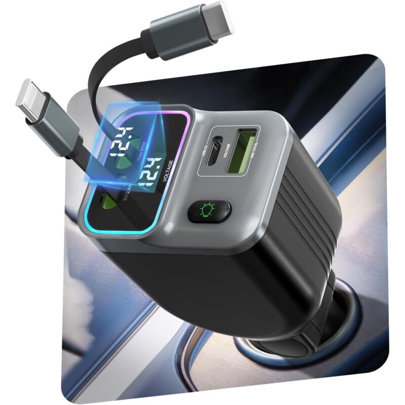 [neuwertig]4-in-1-autoladegerät Mit Usb-c (65 W), 80 Cm Langem Einzugskabel Und Umgebungsbeleuchtung, Schnelllade-autoladegerät Mit Usb-c/usb-a (12 V/24 V) Für Iphone Und Samsung Galaxy