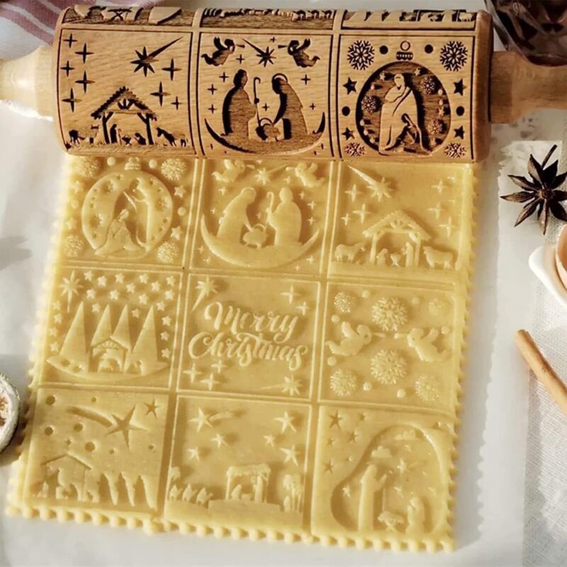 [neuwertig]weihnachts-nudelholz Aus Holz, 3d-nudelholz Aus Holz, Mit 9 Verschiedenen Motiven Zum Backen Von Geprägten Plätzchen, Graviertes Nudelholz Zum Backen (1 Stück)