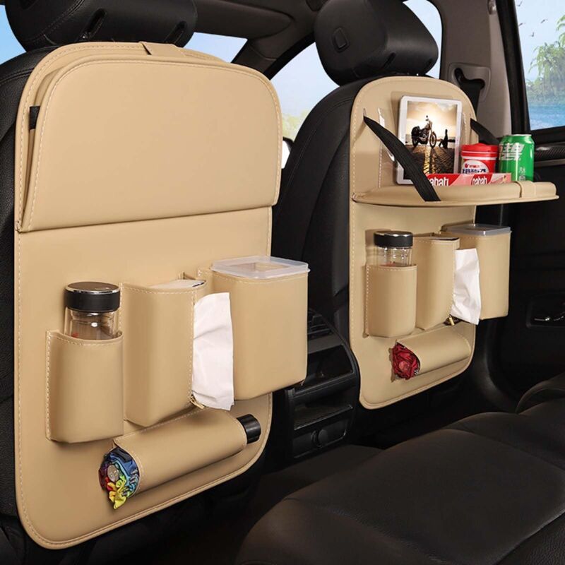 [neuwertig]kinder-auto-organizer, Autositz-rückenlehnenschutz Mit Faltbarem Tablett, Wasserdichter Kinder-autositzschutz Aus Pu-leder, Mit 4 Taschen, Transparente Tablettaschen (beige)