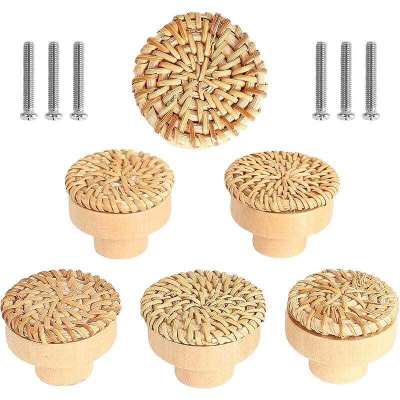 [neuwertig]set Mit 6 Rattan-möbelknöpfen, Schubladen- Und Türknöpfe Im Bohème-stil, Runde Holzgriffe Für Kommoden, Kleiderschränke Und Küchenschränke