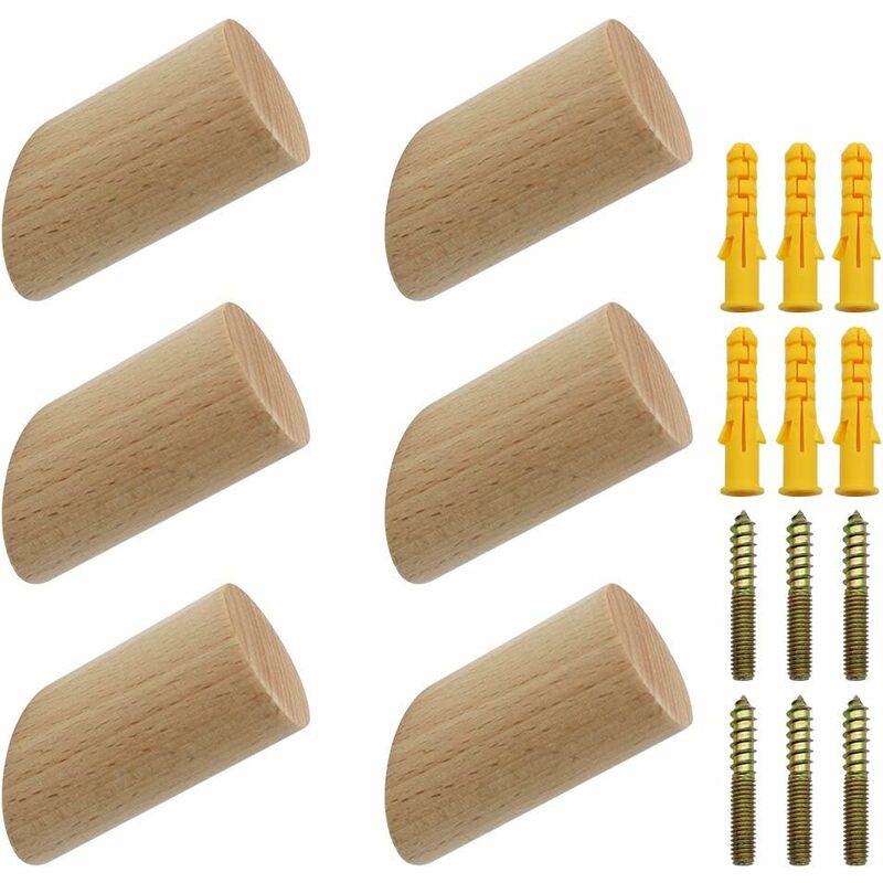 [neuwertig]set Mit 6 Wandhaken Aus Buchenholz, 3 X 6 Cm, Zylindrischer Wandgarderobenhaken, Dekorativer Haken Für Mäntel, Hüte, Schals, Taschen, Handtücher – Maximale Traglast 15 Kg