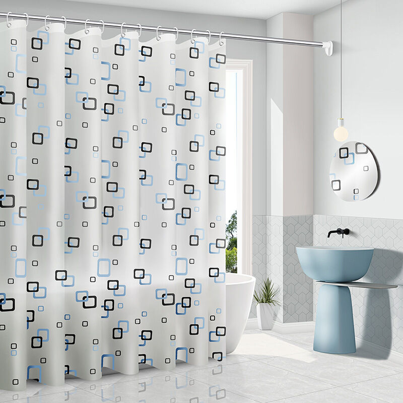 [neuwertig]anti-schimmel-duschvorhang 200 X 180 Cm Mit Ringen, Antibakterieller Duschvorhang, Waschfrei, Für Badezimmer, Weiß Mit Blauen Quadraten