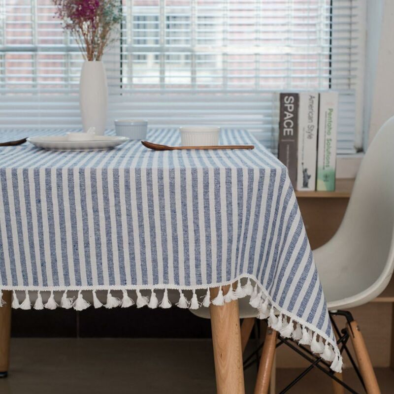 [neuwertig]rechteckige Tischdecke, Gestreifte Tischdecke Mit Quasten, Tischschutz, Tischrock Aus Leinen, Küchentisch (blau/weiß Gestreift, 140×250cm)
