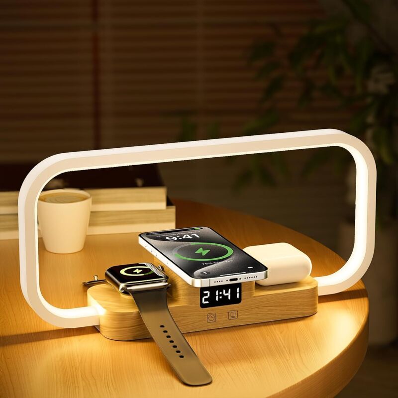 [neuwertig]3-in-1-nachttischlampe Mit Kabellosem Ladegerät Und Usb-anschluss, Dimmbare 5-farben-tischlampe Mit Touch-steuerung, Ladestation Für Pods, Uhr Und Smartphone Fürs Schlafzimmer (weiß) [energ