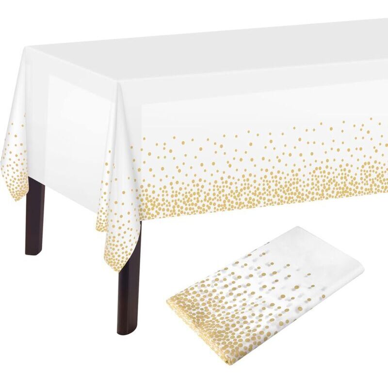 [neuwertig]weiße Und Goldene Tischdecke Mit Weißen Und Goldenen Punkten, 137 X 274 Cm, Rechteckige Kunststofftischdecke Für Geburtstagstischdekorationen, Weiß Und Gold