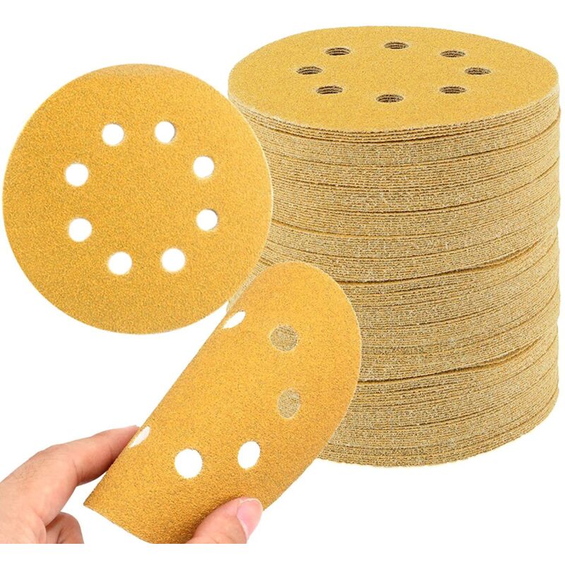 [neuwertig]12,7 Cm (5 Zoll) Gold-schleifscheiben - Packung Mit 50 8-loch-scheiben (körnung 60/80/120/220/320) Mit Klettverschluss Für Holz- Und Automobilbearbeitung.