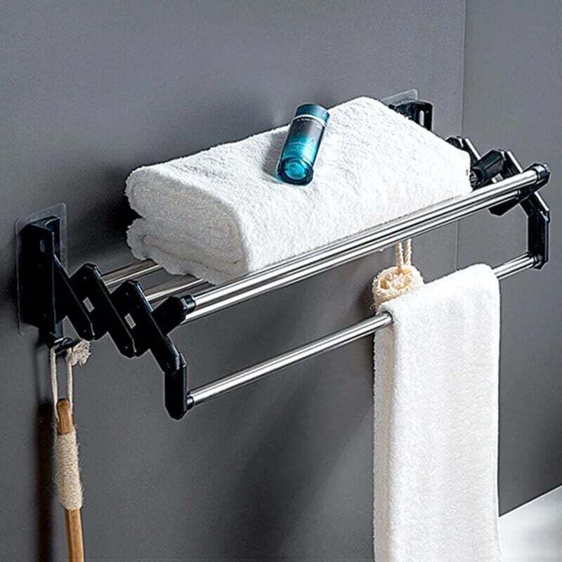 [neuwertig]wandmontierter Handtuchhalter Für Badezimmer Ohne Bohren, Faltbarer, Selbstklebender Wandhandtuchhalter Mit 2 Haken, 40 Cm Ausziehbarer Handtuchhalter, Für Badezimmer Und Küche (40 Cm)
