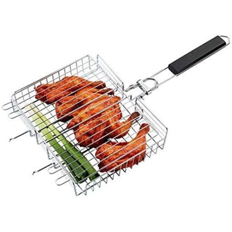 [neuwertig]bratkorb Aus Edelstahl, 64,5 X 31 X 5,5 Cm, Grillkorb Für Würstchen, Gemüse, Hähnchen, Fleisch, Fisch – Grillkäfig Mit Klappgriff – Tragbarer Grill