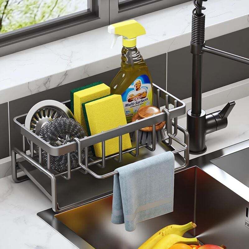 [neuwertig]küchenaufbewahrung Und -organisation, Spülbecken-organizer Aus Edelstahl Mit Automatischer Abtropfschale Für Schwammhalter, Handtuchhalter, Tolles Badezimmerzubehör - Grau.