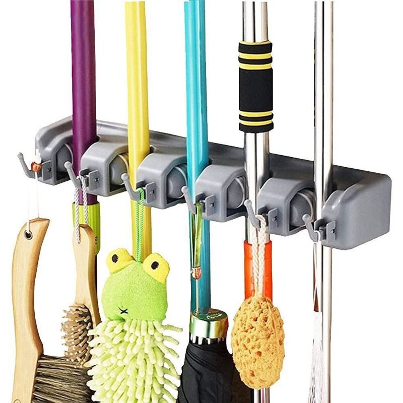 [neuwertig]multifunktionaler, Wandmontierter Besenhalter, Kleiderhaken Für Küche, Garage, Waschküche, Bad, Garage Und Garten (5 Schlitze Und 6 Haken)
