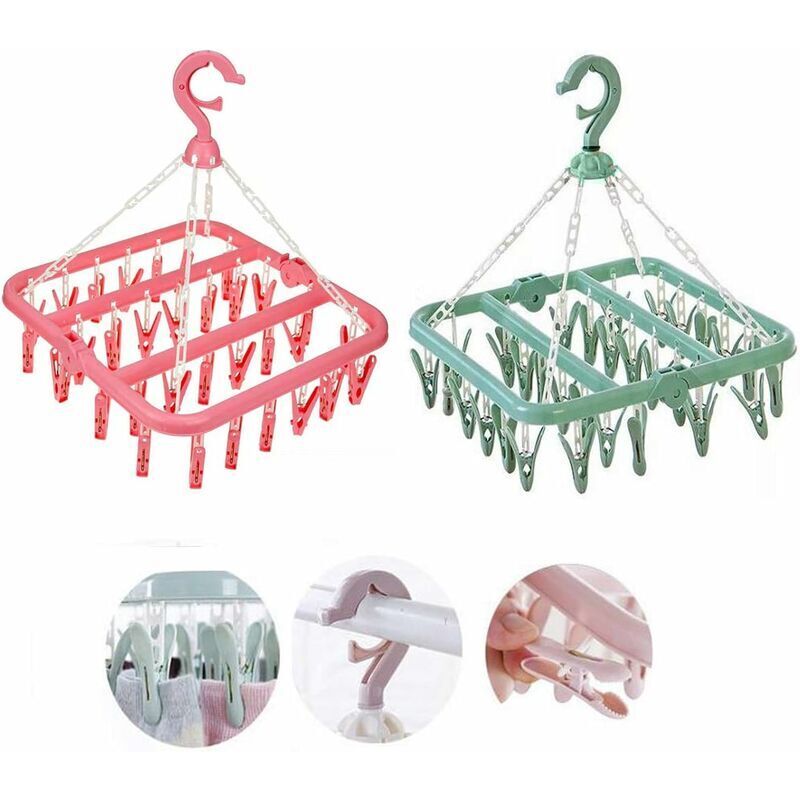 [neuwertig]socken-trockenständer, 2 Stück Wäscheständer-clips, Tragbarer Wäschetrockner, Wäscheständer Aus Kunststoff Mit 32 Clips Für Socken, Unterwäsche, Kleidung, Handtücher (rosa, Grün)
