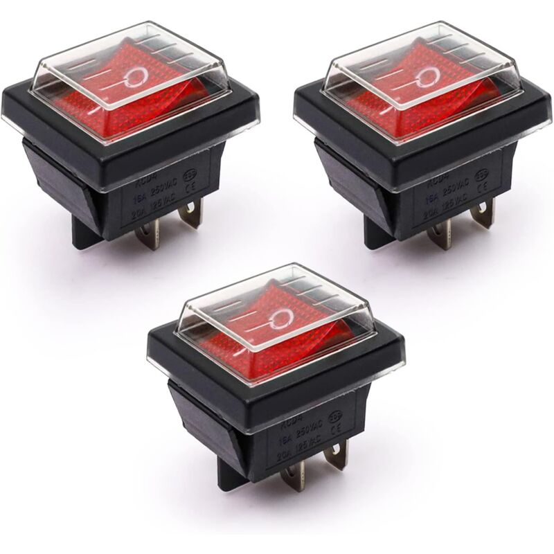 [neuwertig]3 Stück Rote Ein/aus-wippschalter Mit Wasserdichter Abdeckung 16a/250v 20a/125v Ac (dpst)