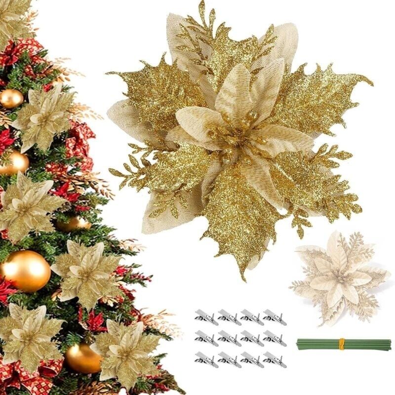 [neuwertig]12 Weihnachtssternblüten, Rote Und Goldene Deko-weihnachtsblumen, Glitzernde Künstliche Weihnachtsblumen Mit Clip Und Stielen, Gelb
