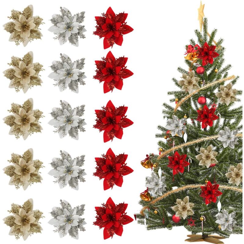 [neuwertig]weihnachtssternblüten Mit Glitzer, 15 Stück, 14 X 14 Cm, Rot, Gold, Silber, Künstlich, Für Weihnachtsbaumschmuck, Hochzeiten Oder Partys.
