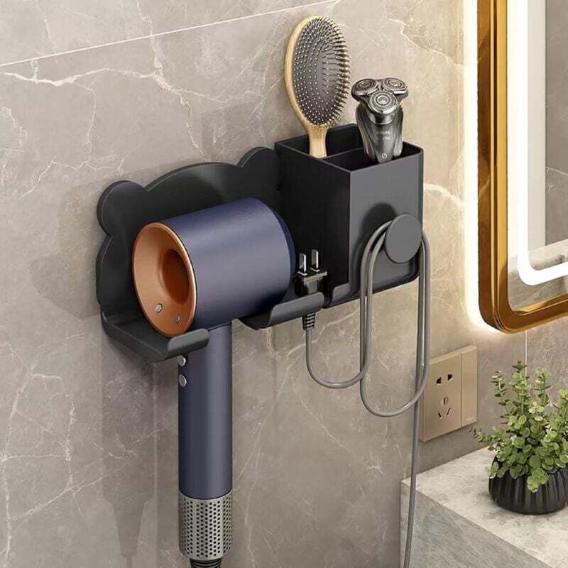 [neuwertig]wandmontierter Haartrocknerhalter Mit Stecker Und Ablage Für Badezimmer, Schlafzimmer, Hotel, Schwarz