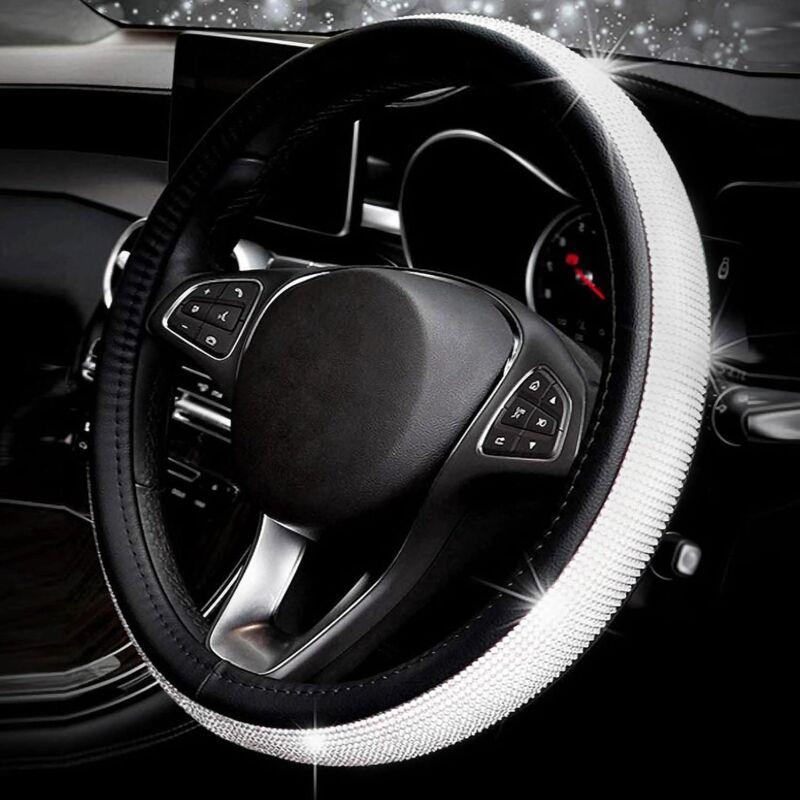 [neuwertig]universeller, Glänzender Diamant-autolenkradbezug 38 Cm / 15 Zoll, Komplett Mit Strasssteinen Besetzt, Lederlenkradbezug, Auto-innenausstattung, Auto-styling-dekor-zubehör (schwarz)