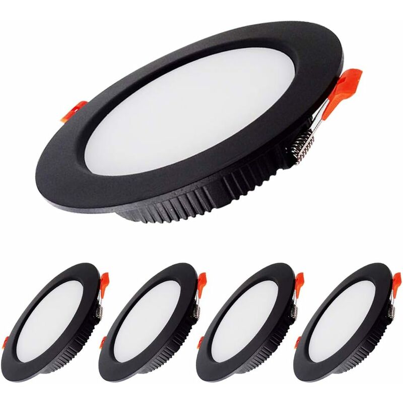 [neuwertig]set Mit 5 Schwarzen Led-einbaustrahlern, Extra Flach, 5 W (500 Lm = 50 W Glühlampe), Schutzart Ip44, Neutralweiß (4000 K), Runde Deckeneinbauleuchten Für Bad Und Küche