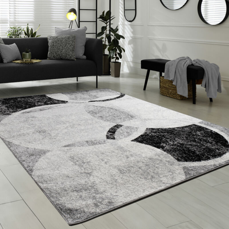 [neuwertig]moderner Designerteppich Mit Marmorierten Kreisen In Grau, Schwarz Und Creme, 60 X 100 Cm