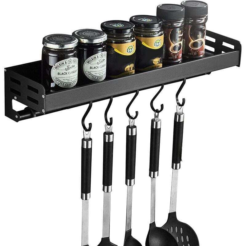 [neuwertig]gewürzregal, Gewürzhalter, Wandmontiertes Küchenutensilienregal Mit 6 Haken, Kein Bohren Erforderlich, Aluminium, Rostfrei, Schwarz, 40 Cm