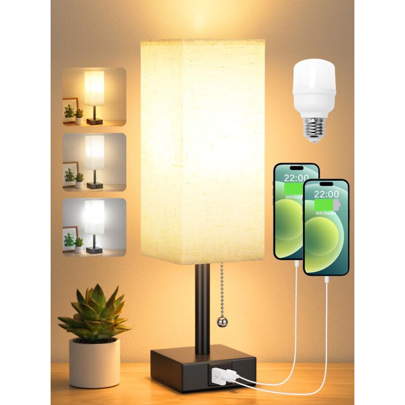 [neuwertig]3-farbige, Dimmbare Nachttischlampe (3000/4000/5000k) Mit Usb-a+c-ladeanschlüssen, Led-leuchtmittel, Zugkettenschalter Für Schlafzimmer, Wohnzimmer, Büro [energieklasse F]