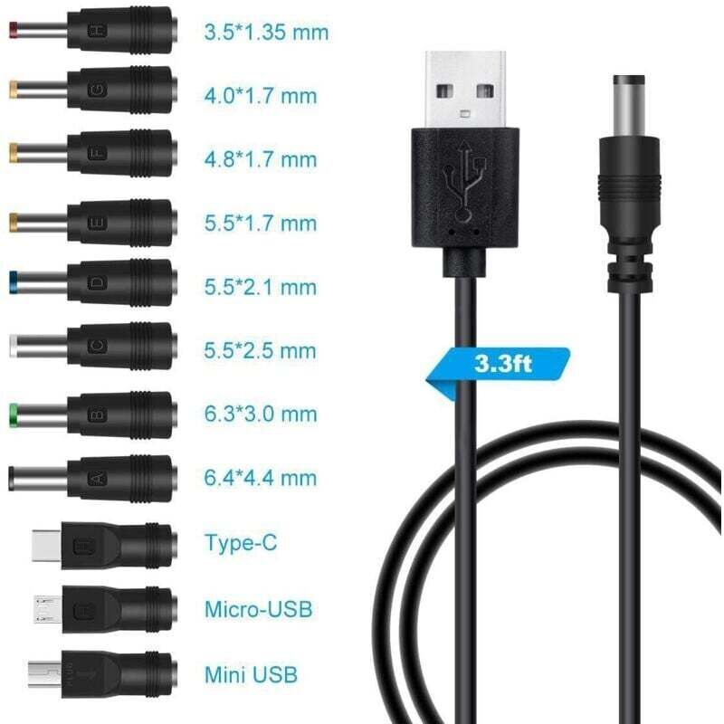 [neuwertig]usb-zu-dc-5v-kabel, Usb-zu-dc-stromkabel, 11-in-1-dc-netzteil, 5,5 X 2,1 Mm Dc-hohlstecker Für Laptop, Router Usw. (1 M, Schwarz)