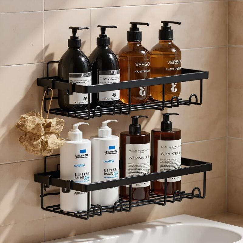 [neuwertig]2-teiliges Duschregal Ohne Bohren, Aufbewahrungsregal Mit Haken, Badezimmeraccessoire Für Duschgel Und Shampoo, Für Bad Und Küche (schwarz)