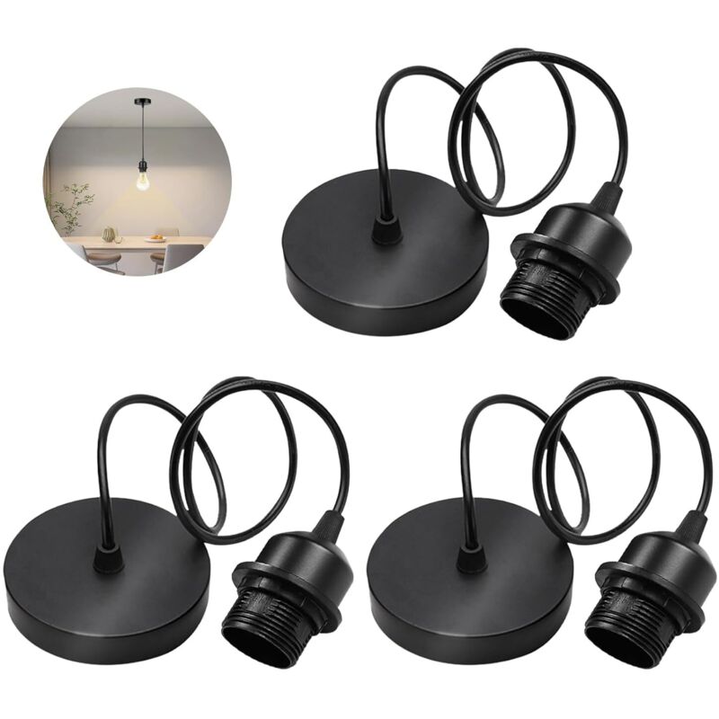 [neuwertig]3er-set E27-pendelleuchten: 100 Cm Kabel, E27-fassung Mit Befestigungsring, Verstellbares Textilkabel Für Zuhause, Bar, Café – Schwarz