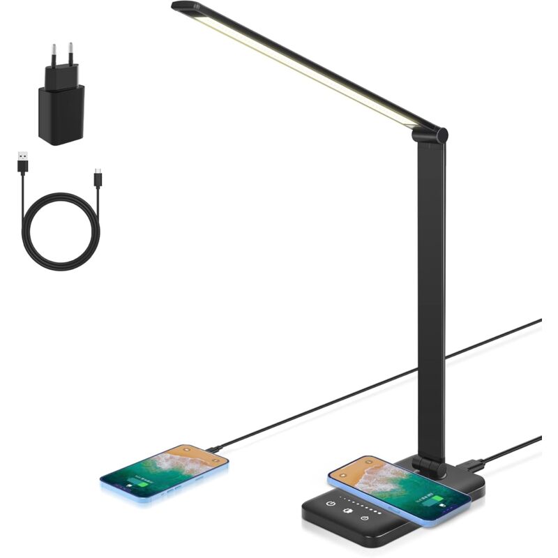 [neuwertig]led-schreibtischlampe, Dimmbare Tischlampe Mit Kabelloser Ladefunktion, 7,5 W Und Usb-ladeanschluss, Leselampe Zum Schutz Der Augen, 5 Helligkeitsstufen, 5 Farben [energieklasse F]