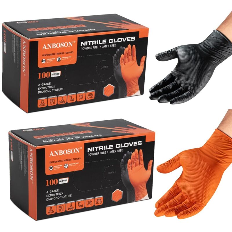 [neuwertig]hochresistente Nitrilhandschuhe Mit Diamantstruktur (schwarz, Größe L, 100 Stück) + (orange, Größe L, 100 Stück)
