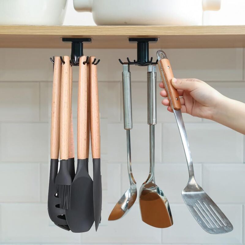 [neuwertig]set Mit 2 Küchenutensilienhaltern, 360° Drehbares Küchenutensilienregal, Kein Bohren Erforderlich, Aufbewahrungsregal Mit 6 Haken Für Küche/badezimmer/kleiderschrank (schwarz)