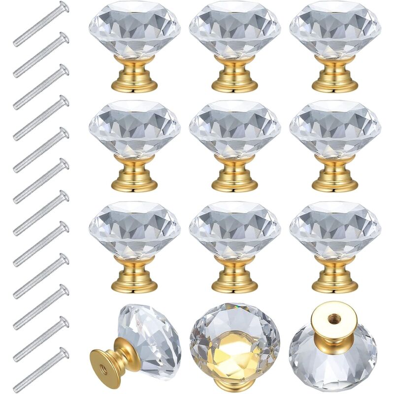 [neuwertig]12 Stück 30 Mm Kristall-möbelknöpfe, Vergoldete Schubladenknöpfe, Transparente Schrankgriffe, Küchenschrankgriffe, Kristall-türknöpfe